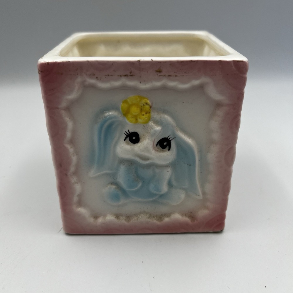 Vintage MCM Pastel Pink Baby Block Nursery Bear Bunny Lamb Planter Ceramic Japan